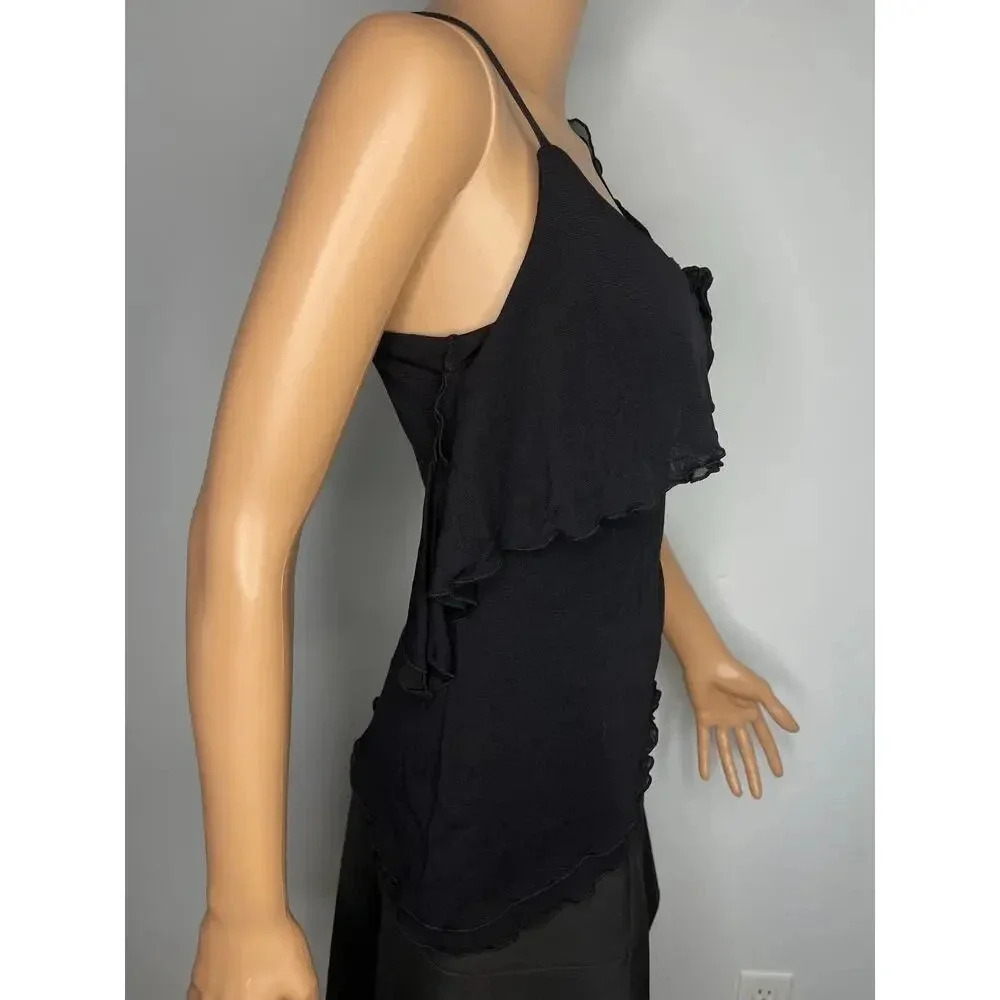 Free People Ruffle Asymmetric Mesh Top size Medium Black New Y2K - Picture 4 of 11